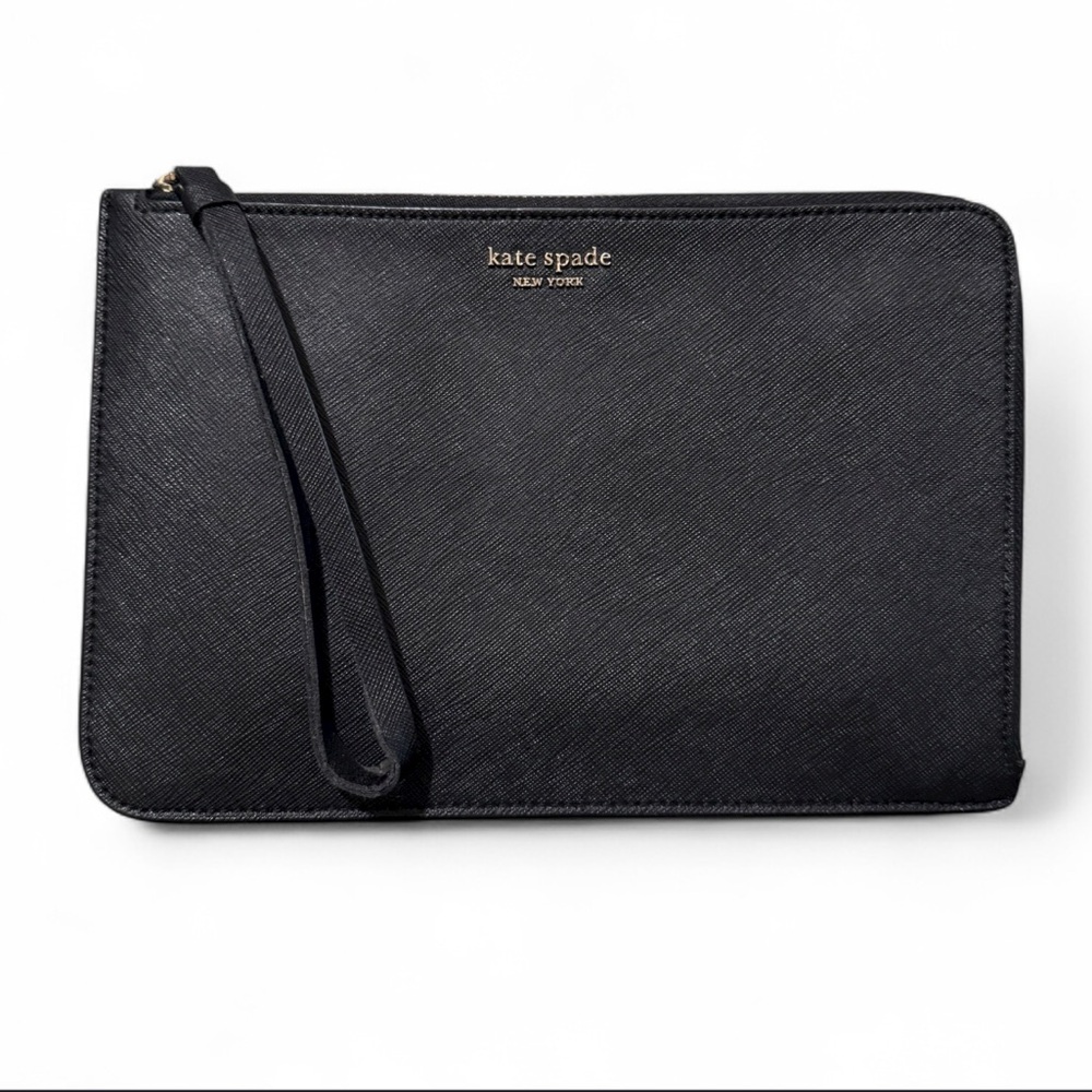 Kate Spade Black Saffiano Wristlet Zip Around Wallet Gold Hardware Clutch
